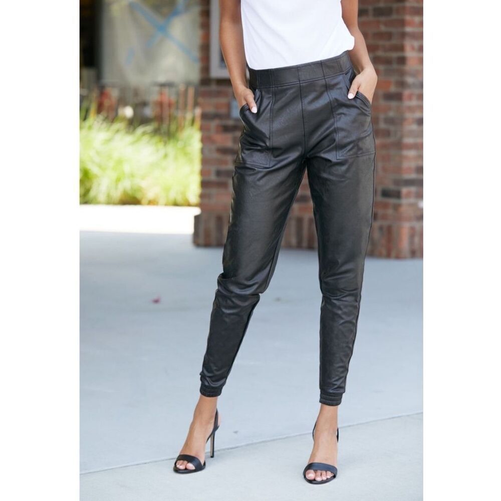 SPANX Faux Leather High-Rise Jogger Pants in Black